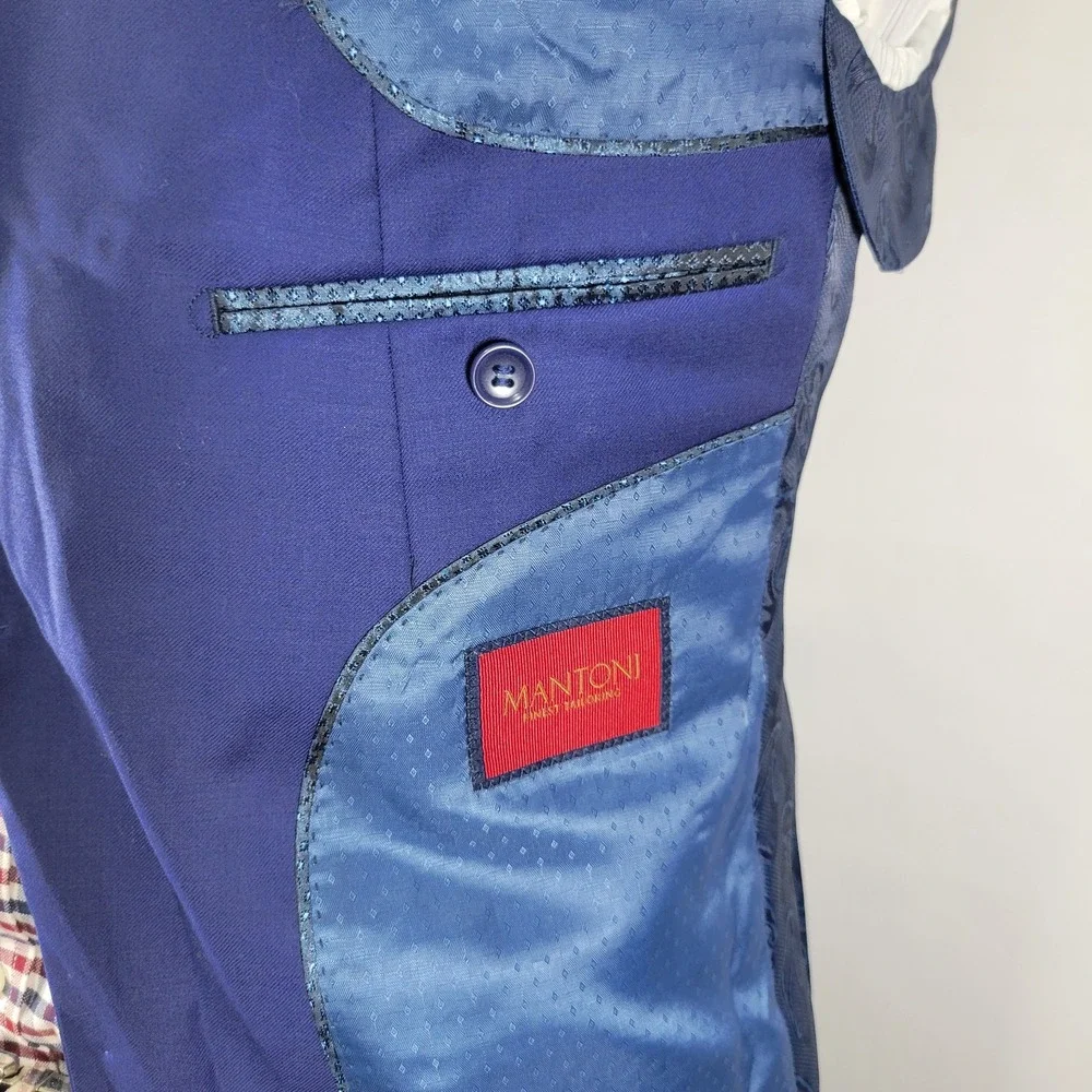 Mantoni Mens Sport Coat Blazer Two Button Nopleat Blue Twill Super Fine Wool 40R